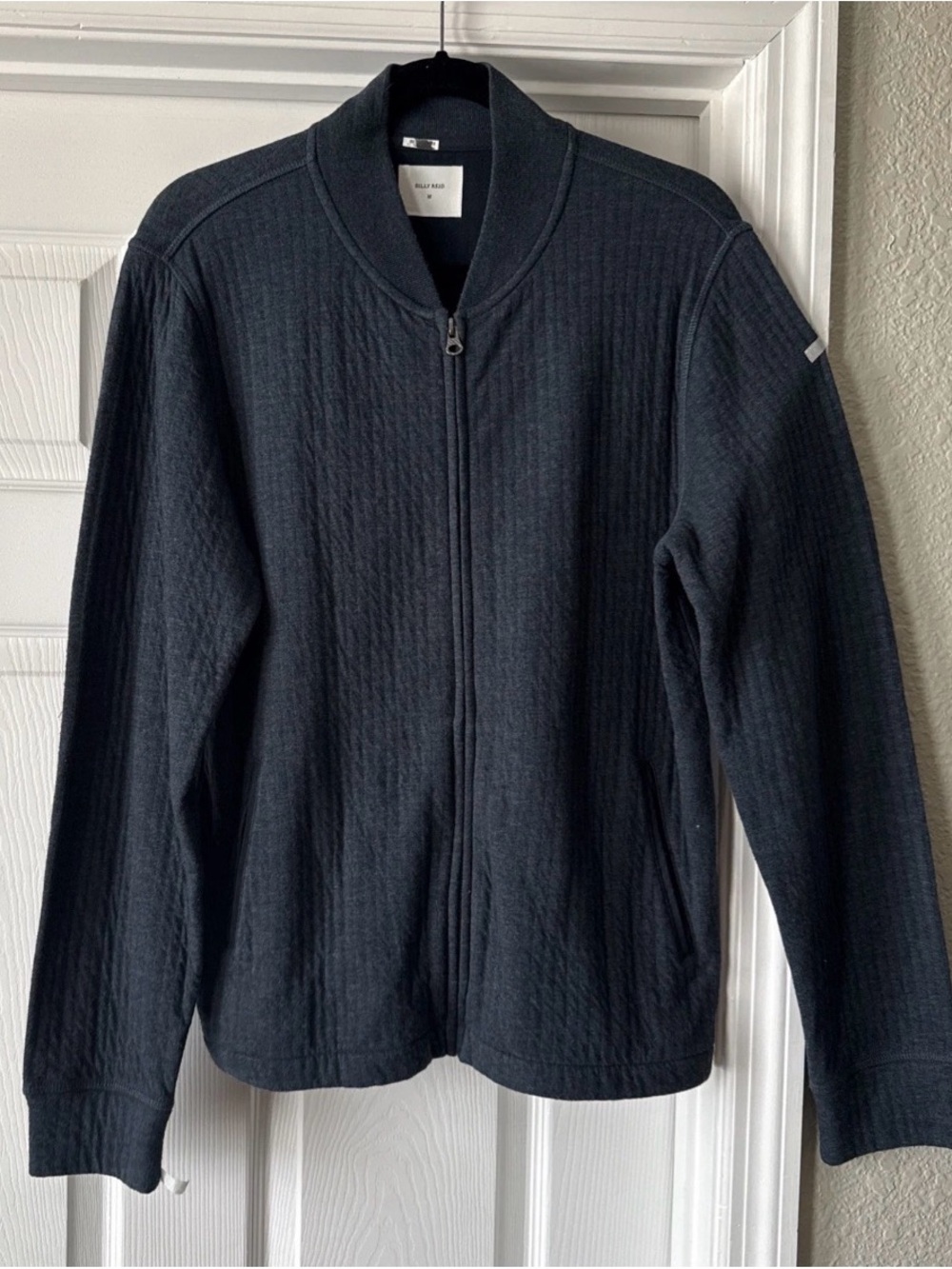Billy Reid Diamond Quilt Sweater Mens Size M Blue Elbow Patches Blue Full Zip